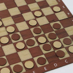 Arrangement of Chess pieces and Checkers coins on the travel game board