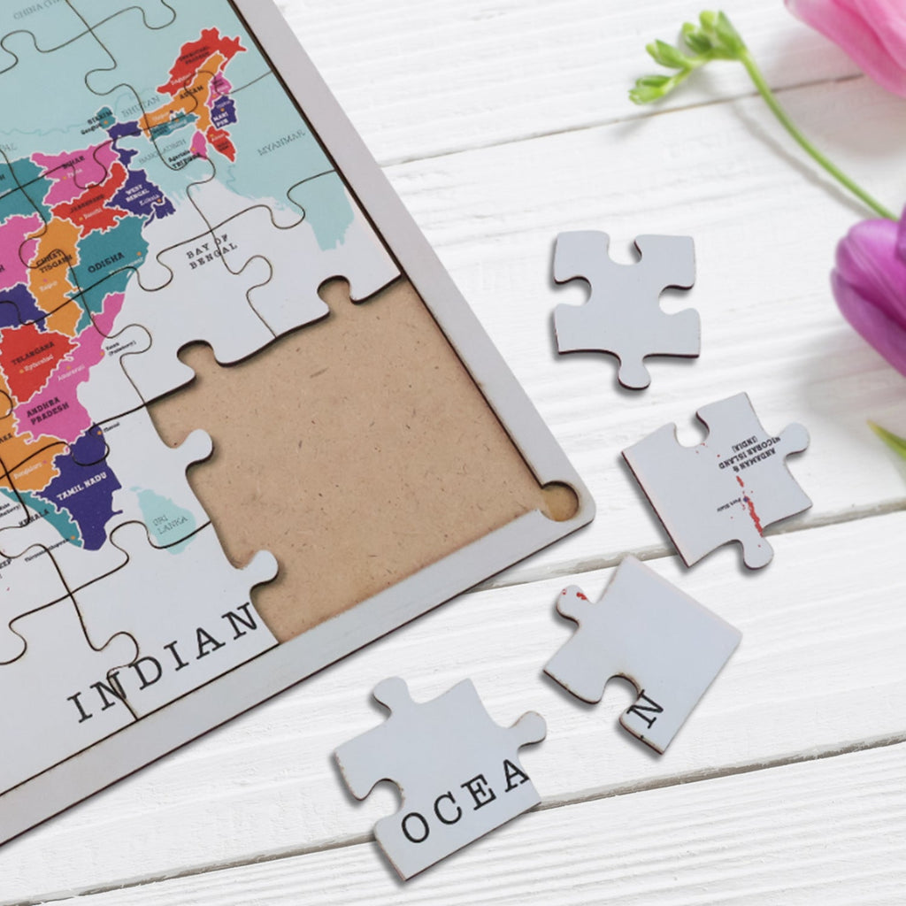 Side view of the durable wooden India map puzzle, showcasing its safe thickness.