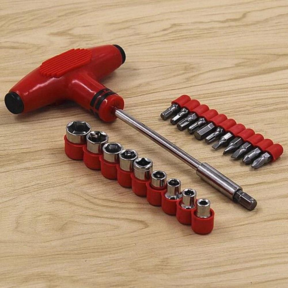 Ergonomic T-shape screwdriver handle with interchangeable bits for precision.