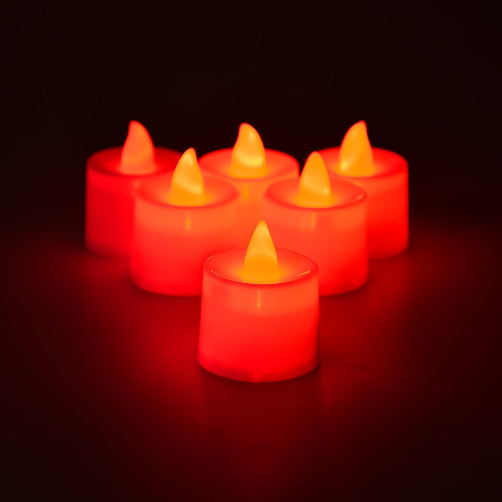 Close-up image showing flickering effect of red LED flameless tealight candle