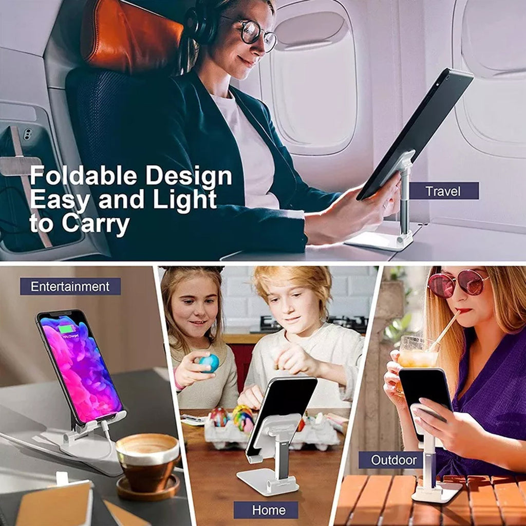Side view of the 3-way adjustable phone stand demonstrating height and angle flexibility.