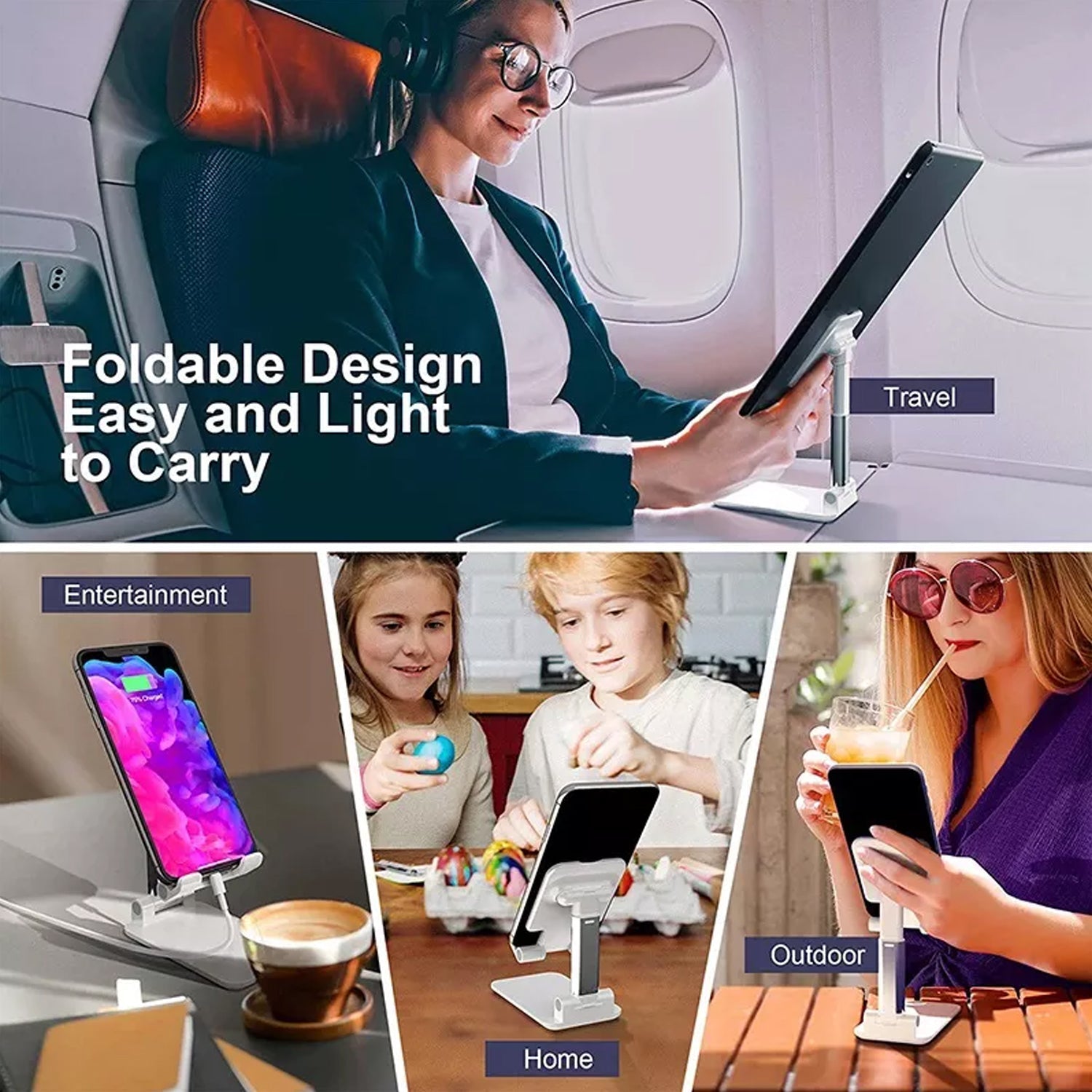 Side view of the 3-way adjustable phone stand demonstrating height and angle flexibility.