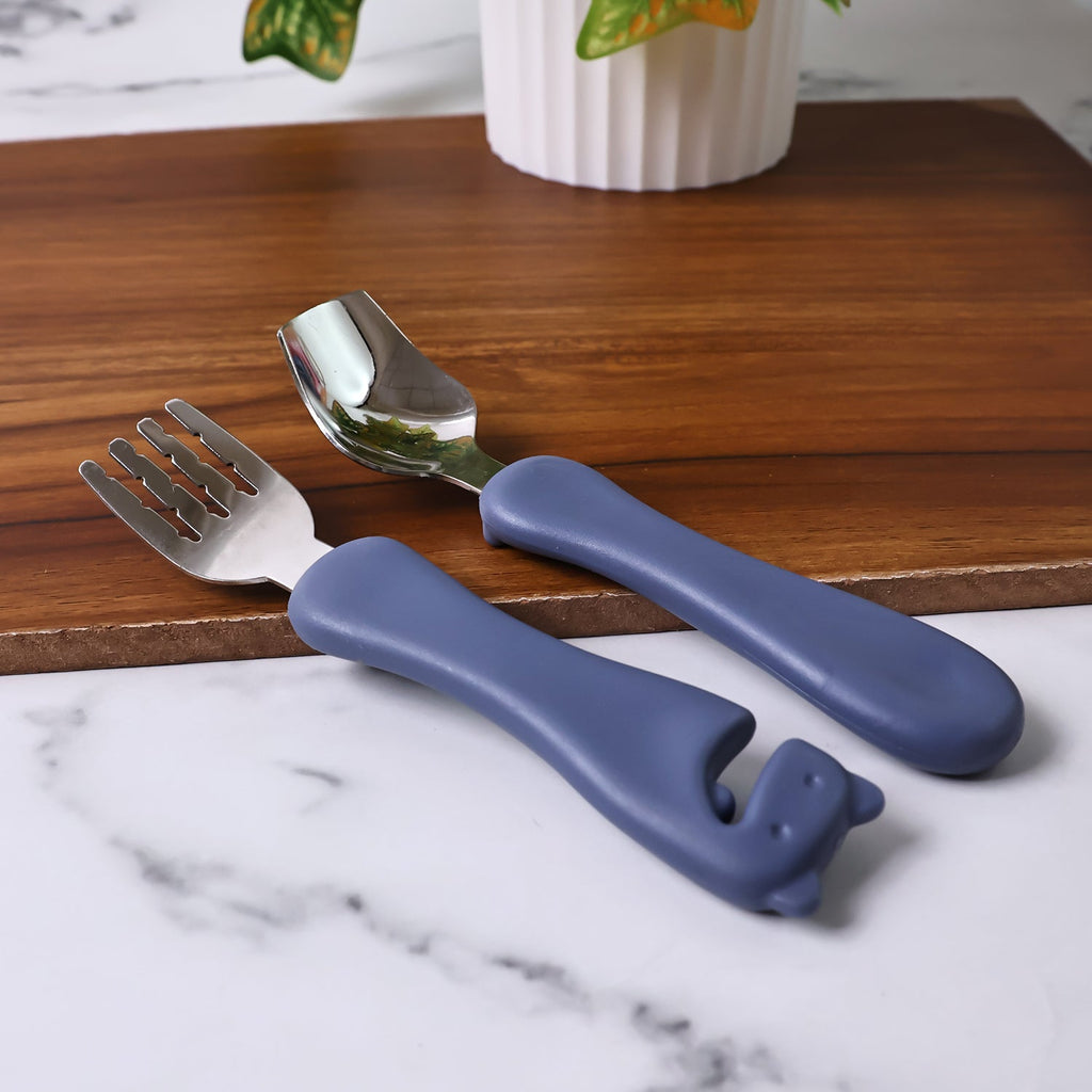 Compact kids cutlery spoon and fork set in stainless steel