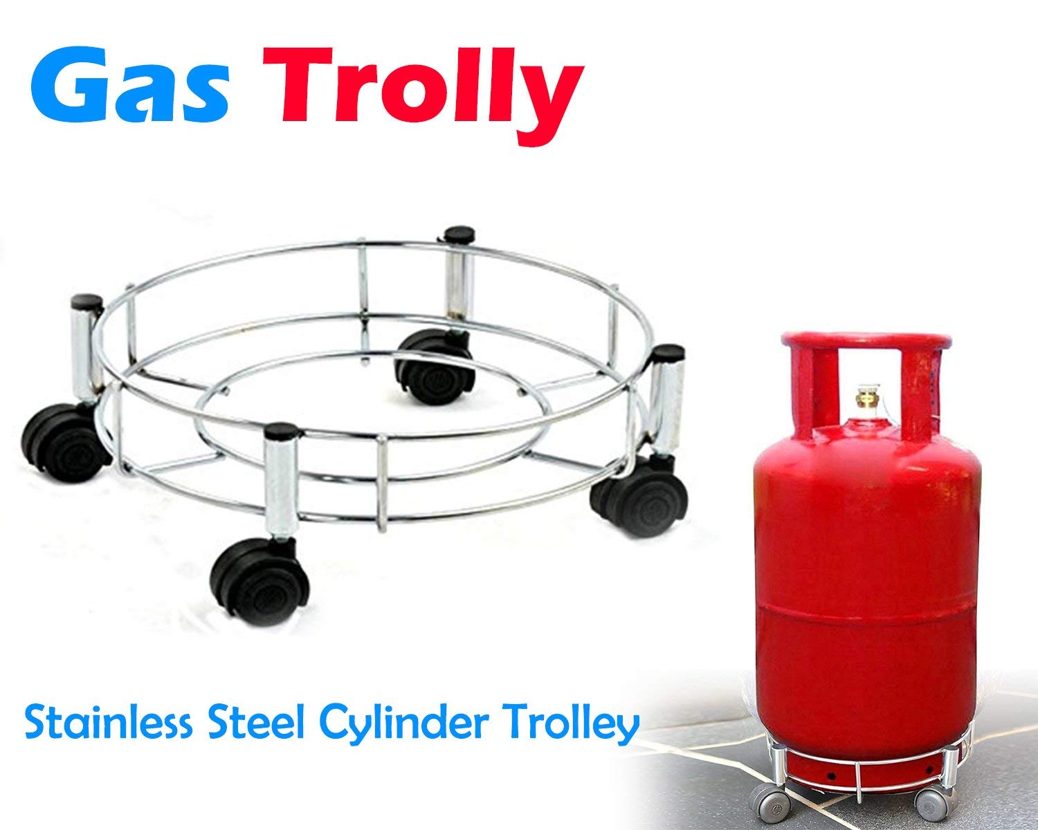 Stainless steel gas cylinder trolley for home kitchen use, not industrial