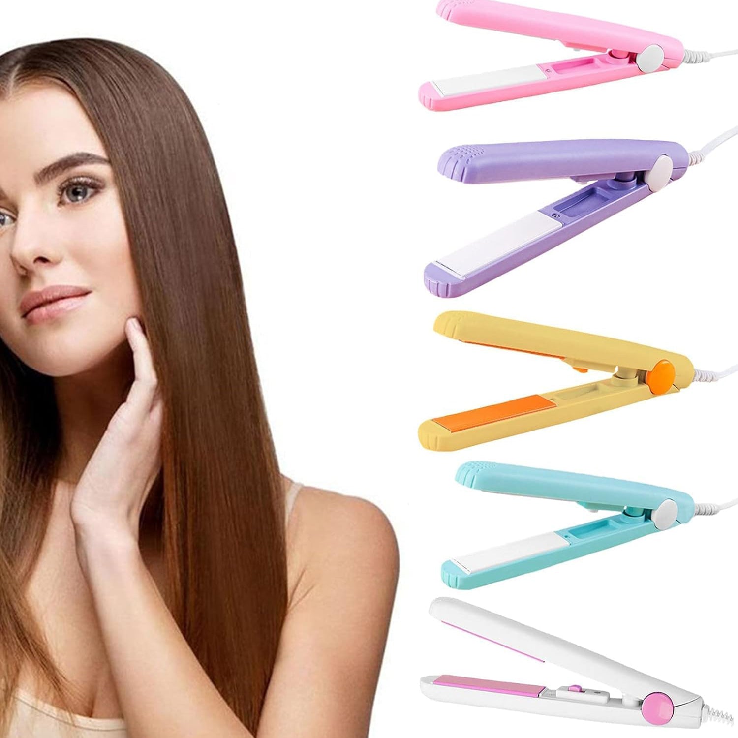 A hand demonstrating the mini hair styler creating soft curls on long hair.
