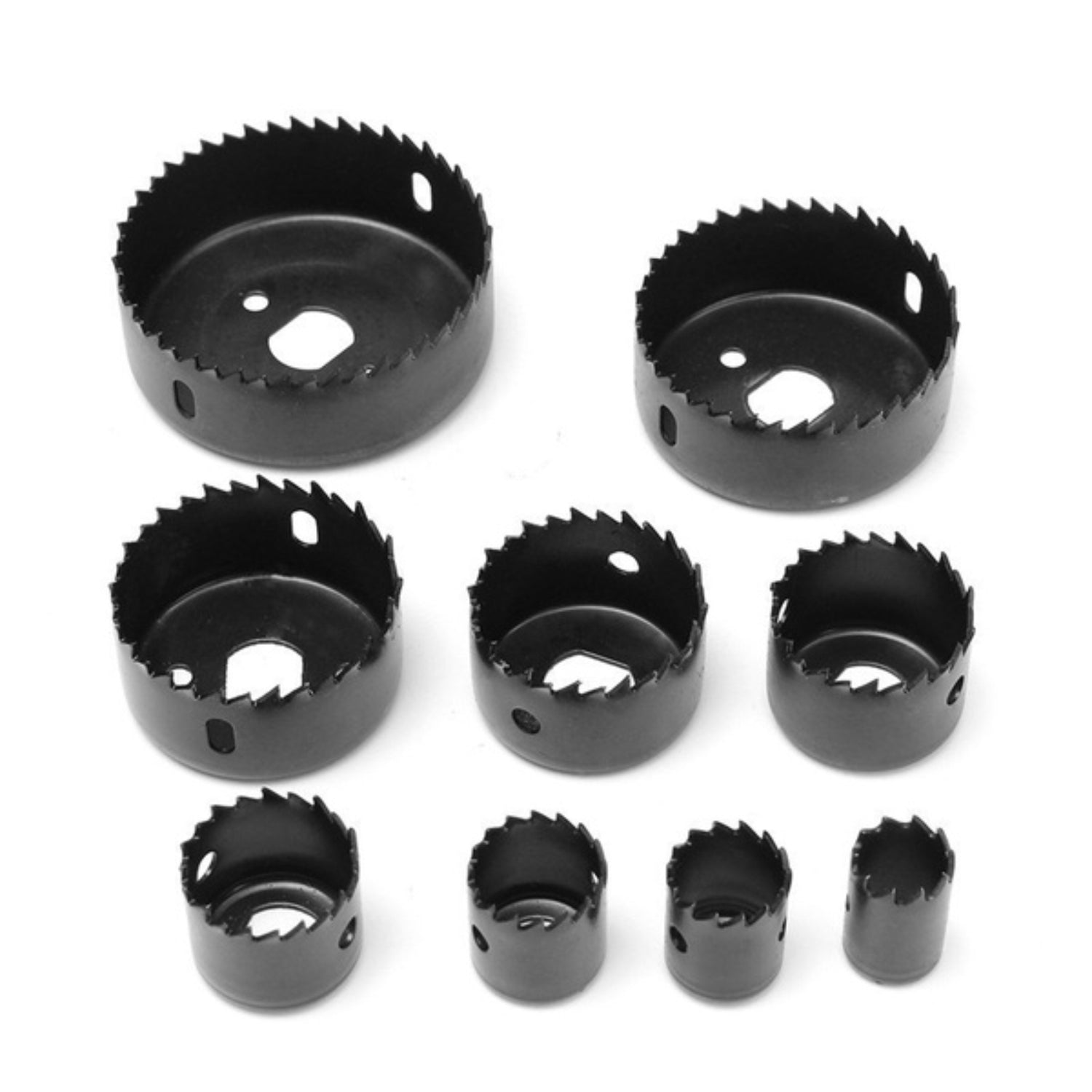 Angled view of the 11-piece BoltForce hole cutting kit and its components.