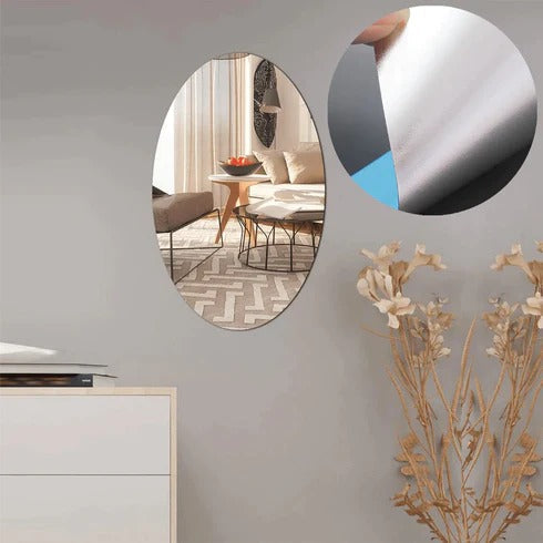 Oval Mirror Wall Sticker with a clear reflection, enhancing a modern living room.