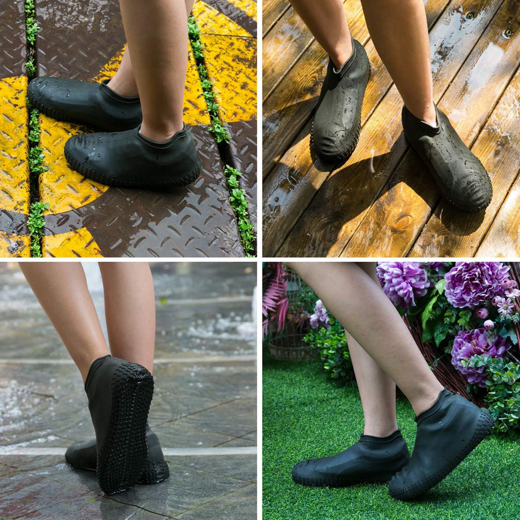 Non-slip waterproof silicone shoe cover protecting a formal shoe from rain.