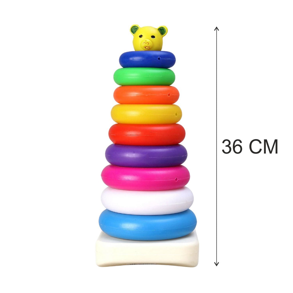 Jumbo set of 9 plastic teddy bear stacking rings ready for play.