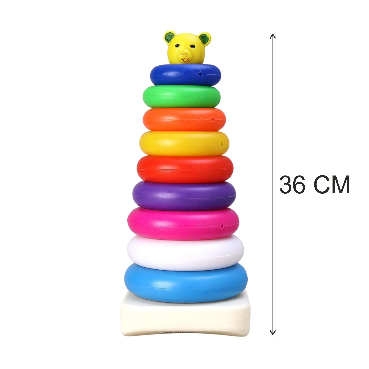 Jumbo set of 9 plastic teddy bear stacking rings ready for play.