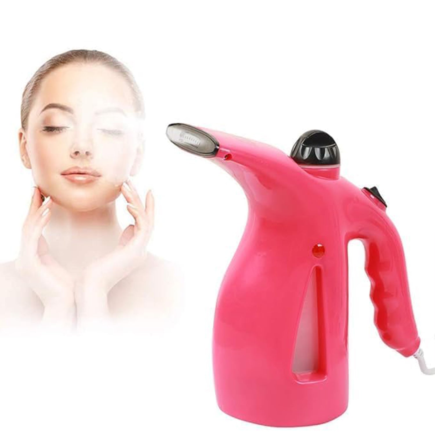 Woman using the device as a facial steamer to deep cleanse and moisturize skin.