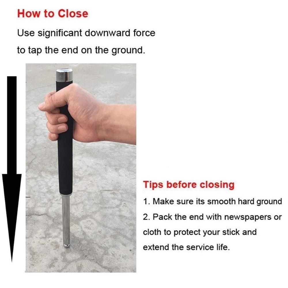 The self-defense stick folded, highlighting the secure wrist strap.