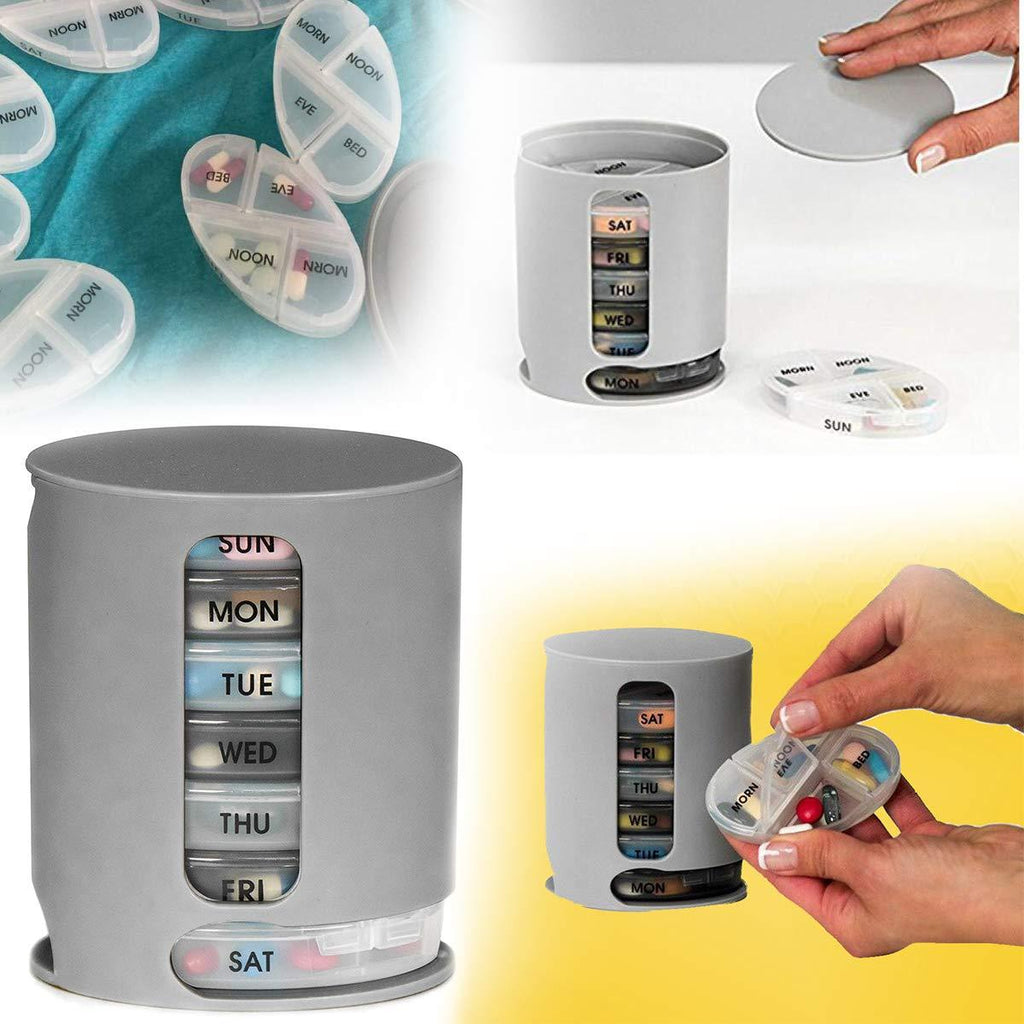 Side view of the portable 7-day pill organizer, highlighting its compact and stackable design.