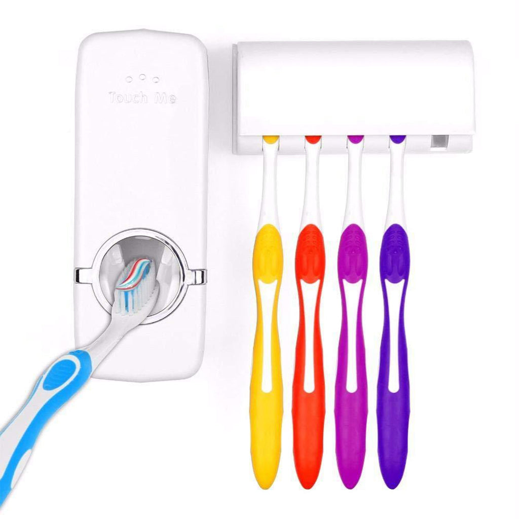 Hygienic automatic toothpaste dispenser and toothbrush holder mounted on a modern bathroom wall.