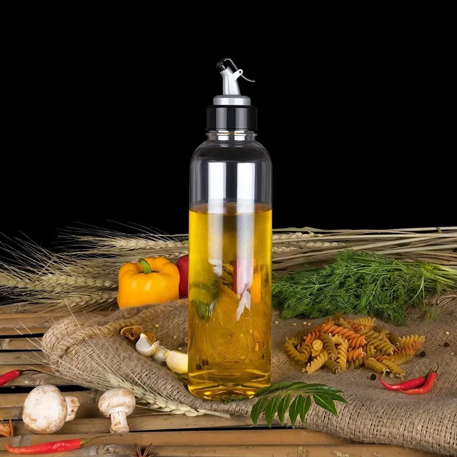 Transparent 1 litre plastic oil dispenser, perfect for kitchen cooking and dining table.