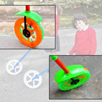 Close-up of the light-up wheel on the fun push run toy for kids.