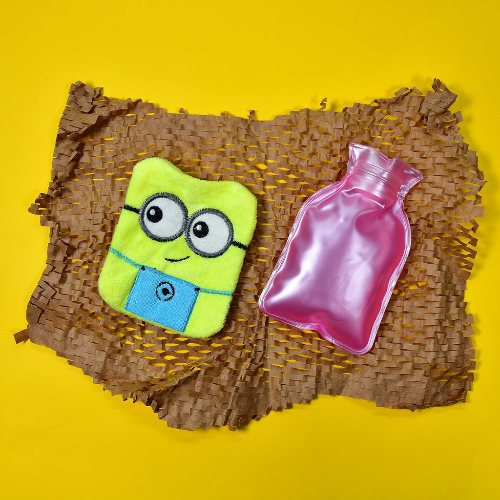 Minions hot water bag with cover removed, revealing the natural rubber bottle.