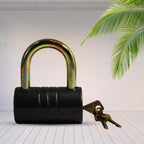 Detailed view of the anti-theft iron padlock, emphasizing its durable black finish.