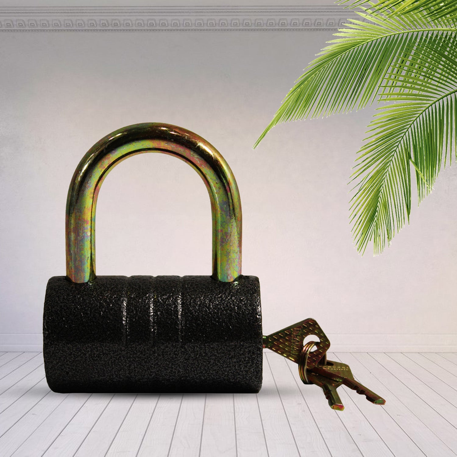 Detailed view of the anti-theft iron padlock, emphasizing its durable black finish.
