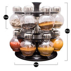 Hand reaching for a jar from the 16-piece plastic spice rack set.