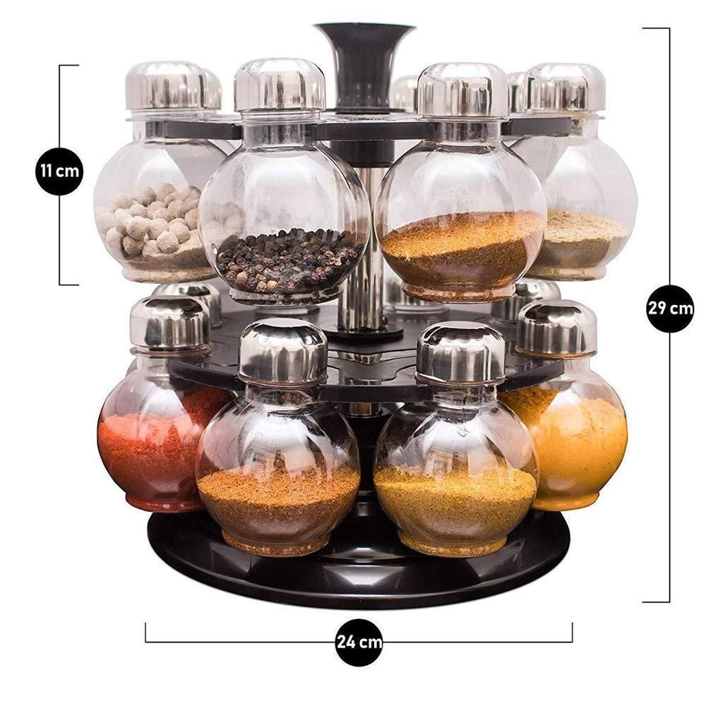 Hand reaching for a jar from the 16-piece plastic spice rack set.