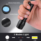 Rechargeable mini torch showcasing its powerful COB side light.