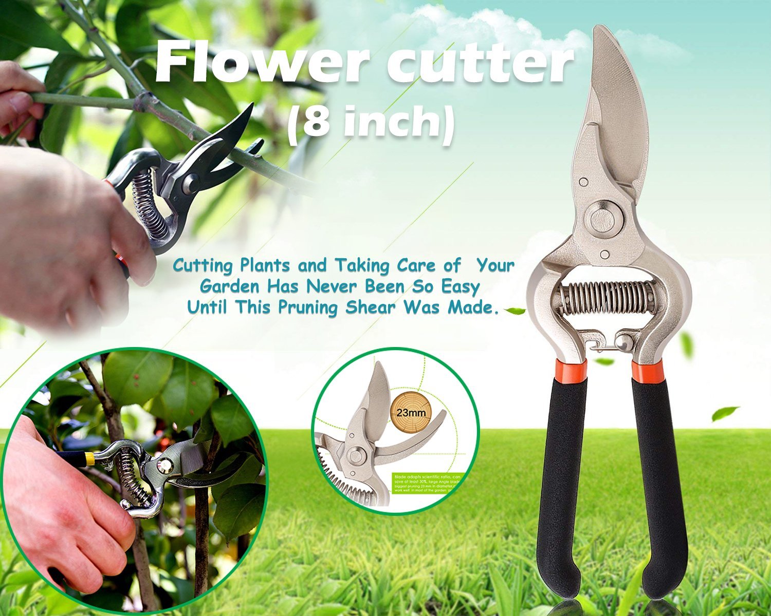 Ergonomic 8-inch pruning scissors with comfortable grip.
