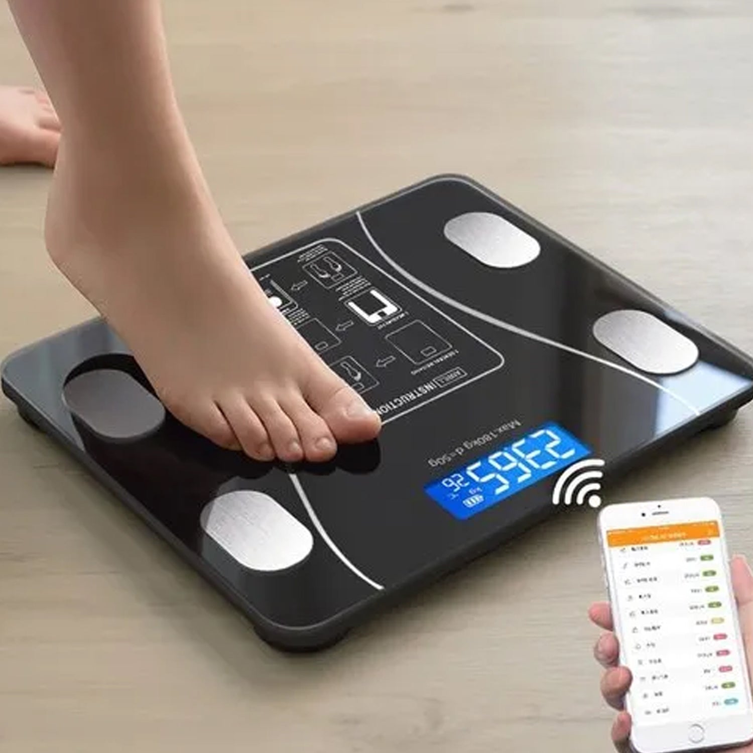 Bluetooth-enabled body fat scale connecting to a smartphone app.