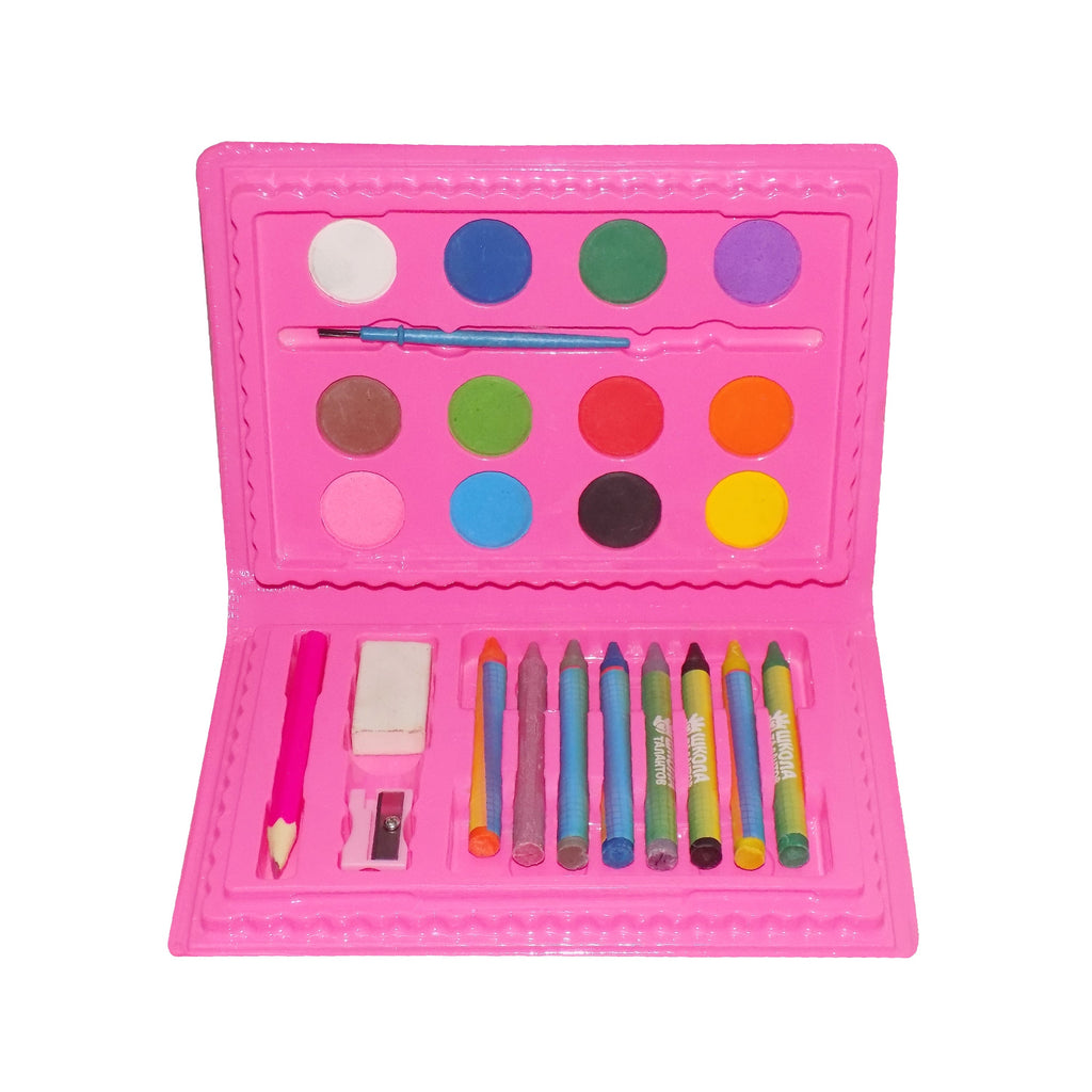 Contents of the creative art box for kids spread out, including all 24 drawing and painting supplies.