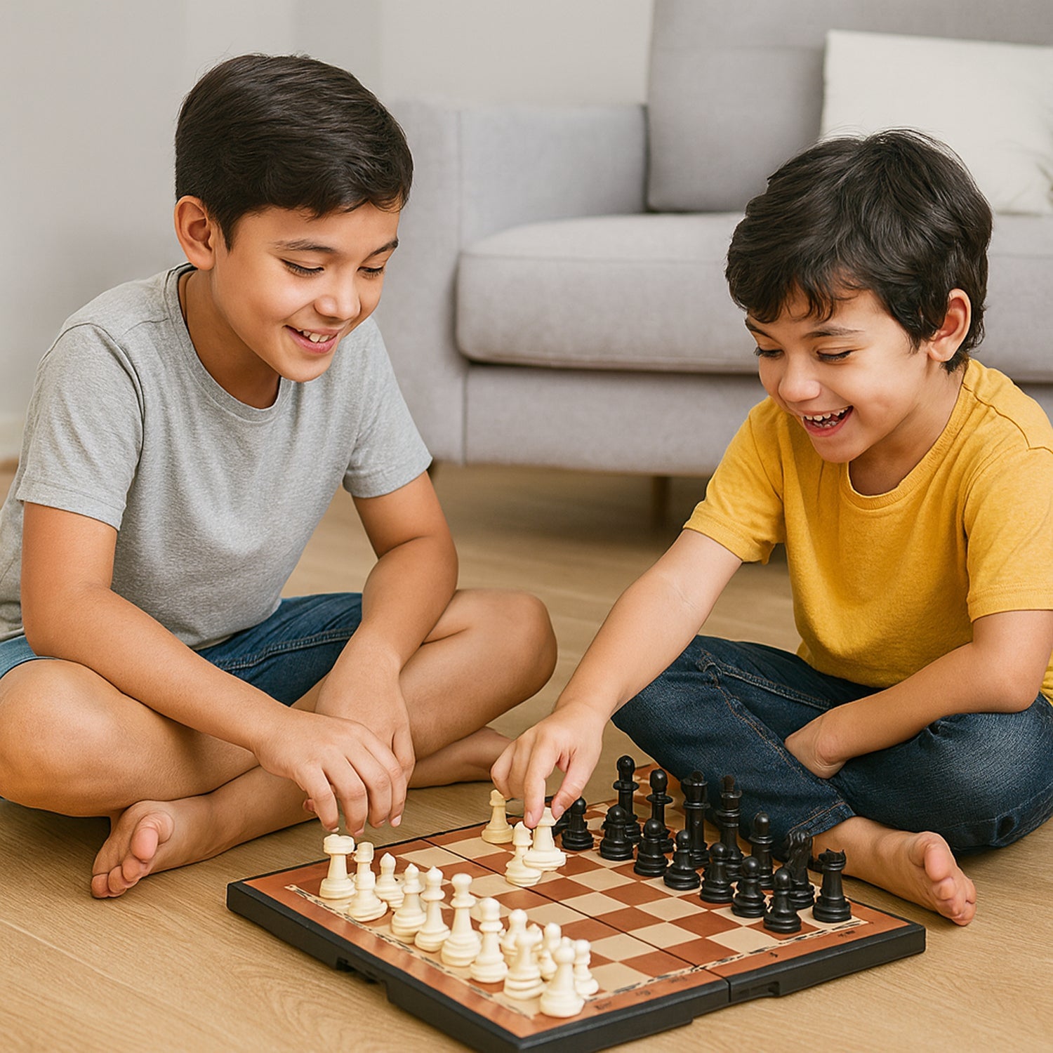 Close-up of Staunton-style plastic chess pieces from portable set