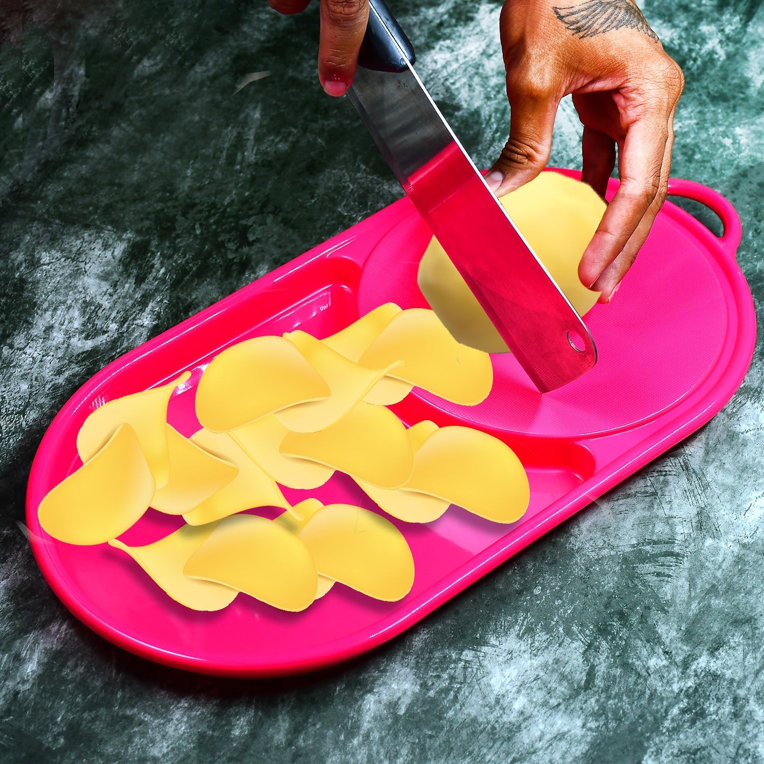 Durable plastic chopping board in a vibrant color, ready for food preparation.