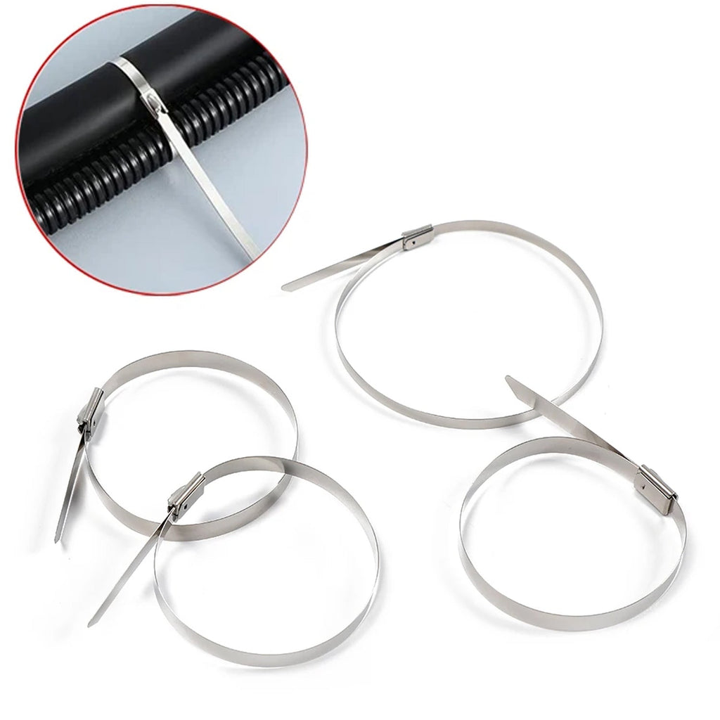 Stainless steel cable tie shown in hand, illustrating ease of application without special tools.