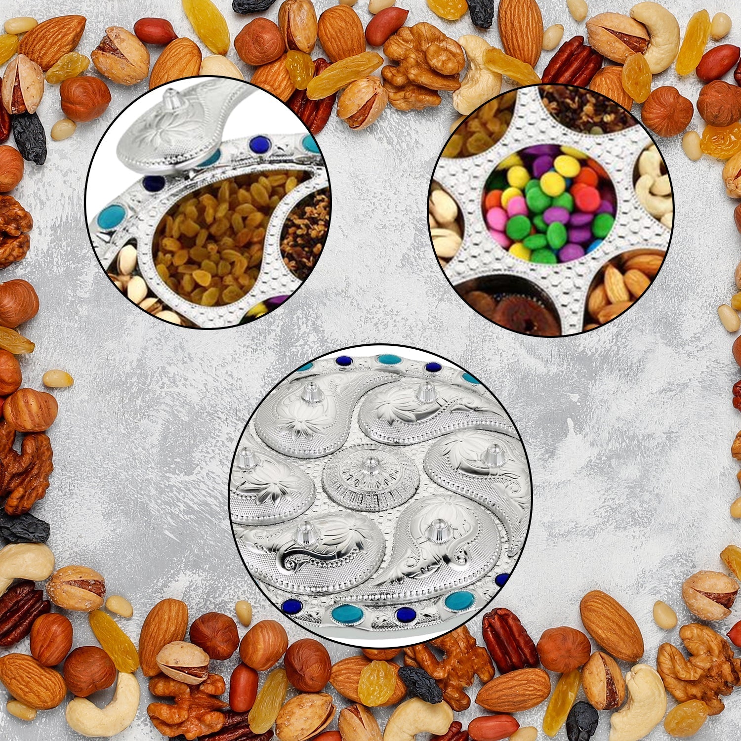 A clean, empty 7-section Rotating Dry Fruit Tray, ideal for home and kitchen.