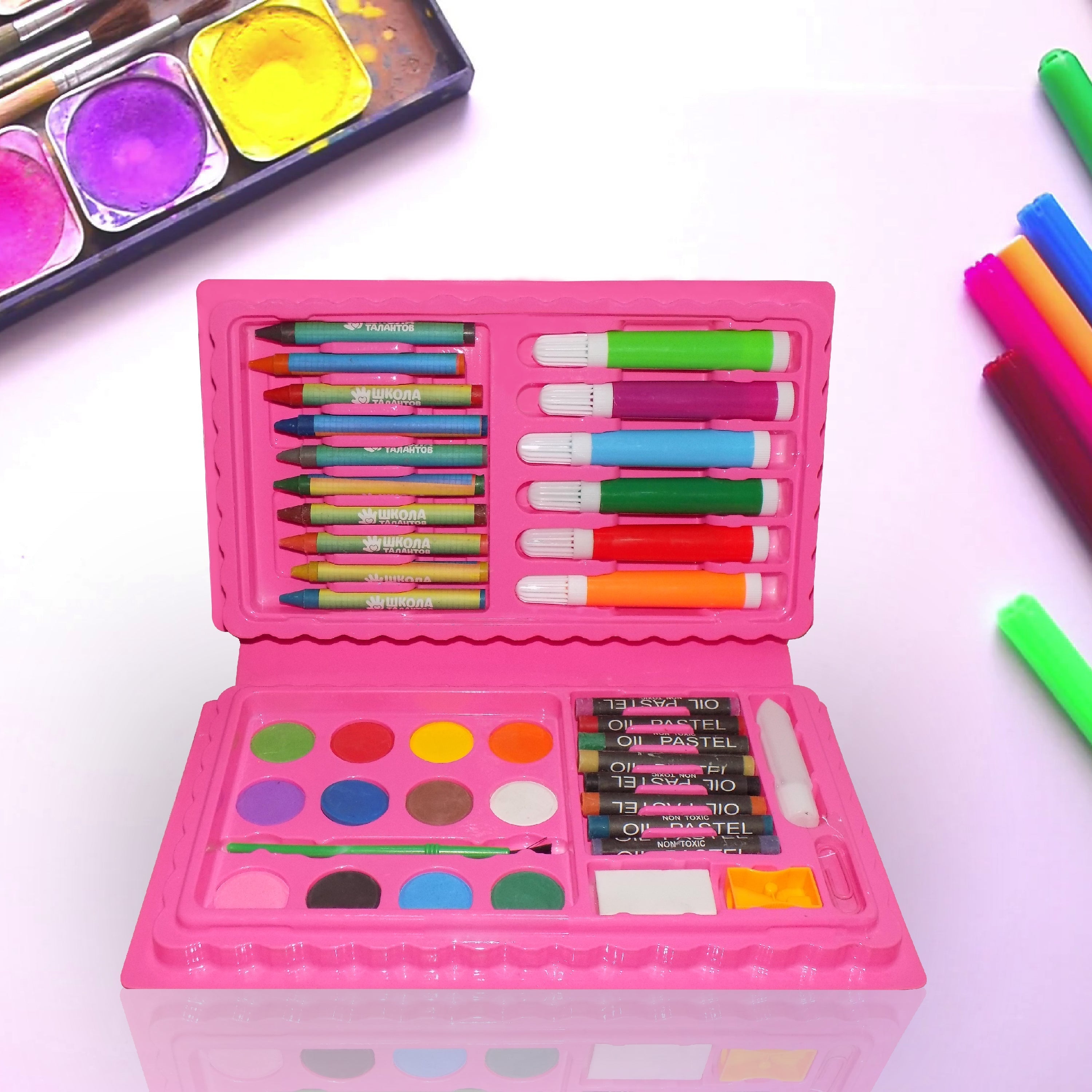 Closed view of the compact 42-piece Kids Art Kit, ready for travel.