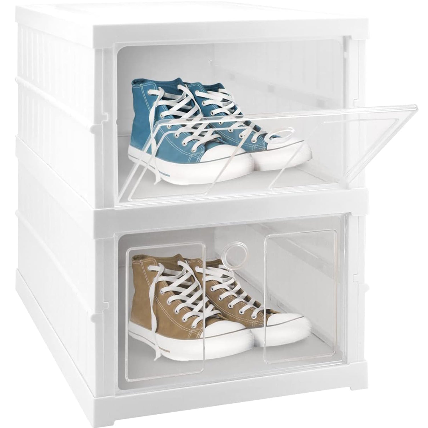 A person easily moving the stackable storage rack, demonstrating its mobility and casters.