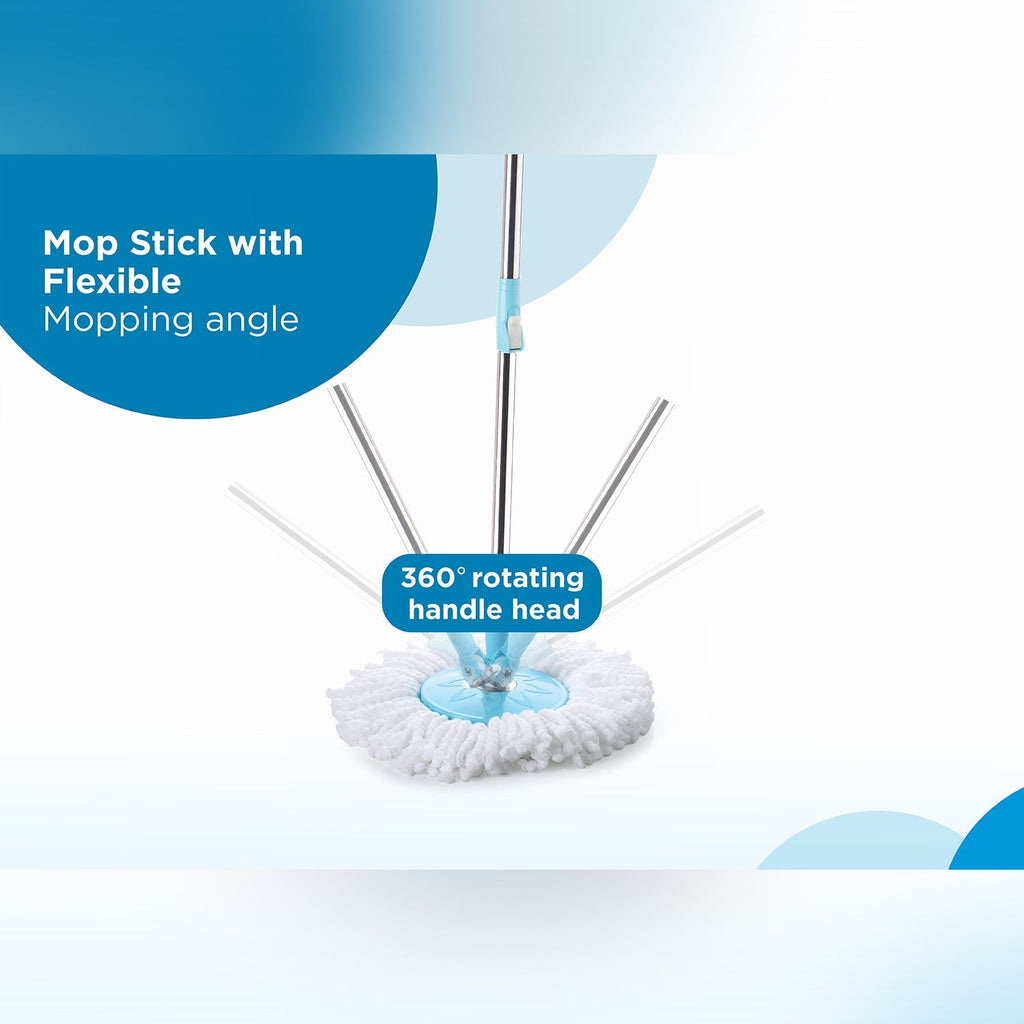 Modern spin mop design with a comfortable plastic handle for daily use.