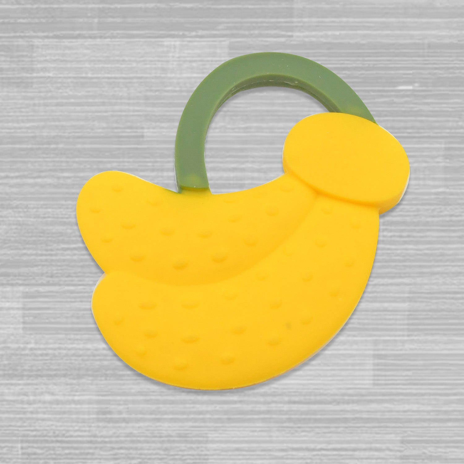 Side view of the banana-shaped silicone teether, emphasizing its unique design for babies.
