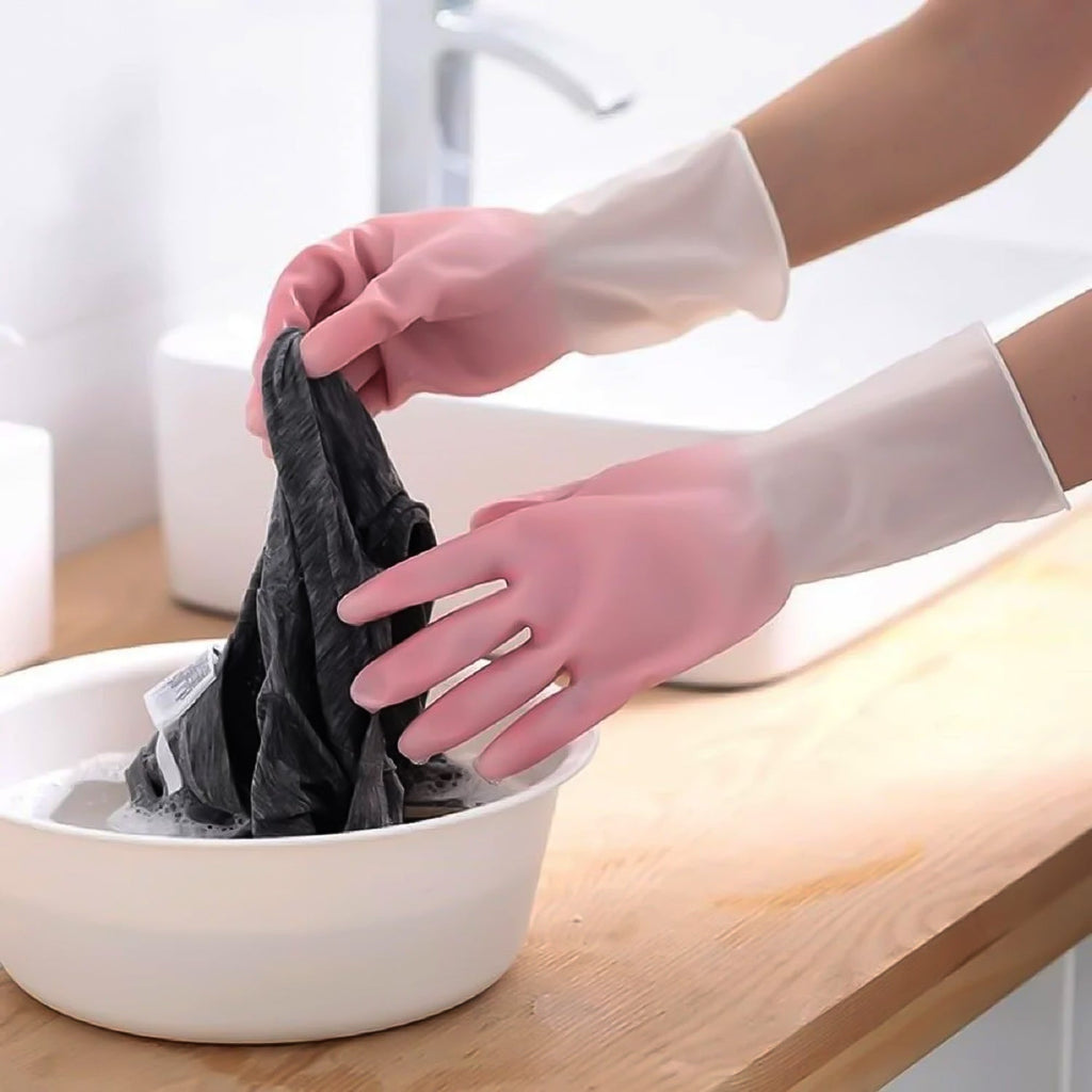 Reusable household cleaning gloves in use at home