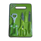 Durable stainless steel knife and scissor alongside a sturdy plastic chopping board.