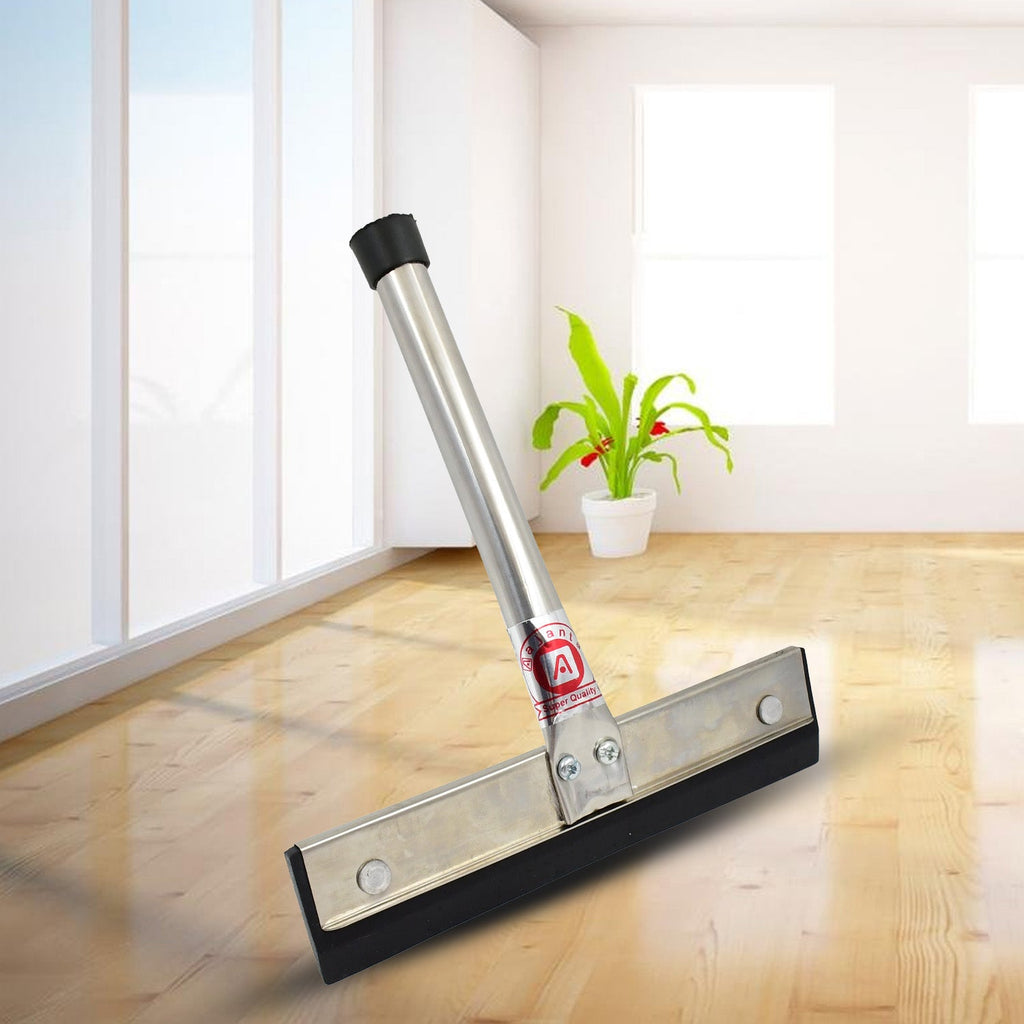 A sleek stainless steel kitchen wiper with a black handle, ready for use on a white surface.