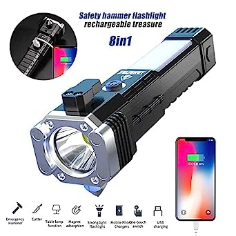 Rechargeable LED torch with a magnetic base securely attached to a metal surface for hands-free use.