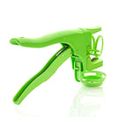 Close-up of the plastic egg cracker mechanism, showcasing its integrated yolk separation feature.