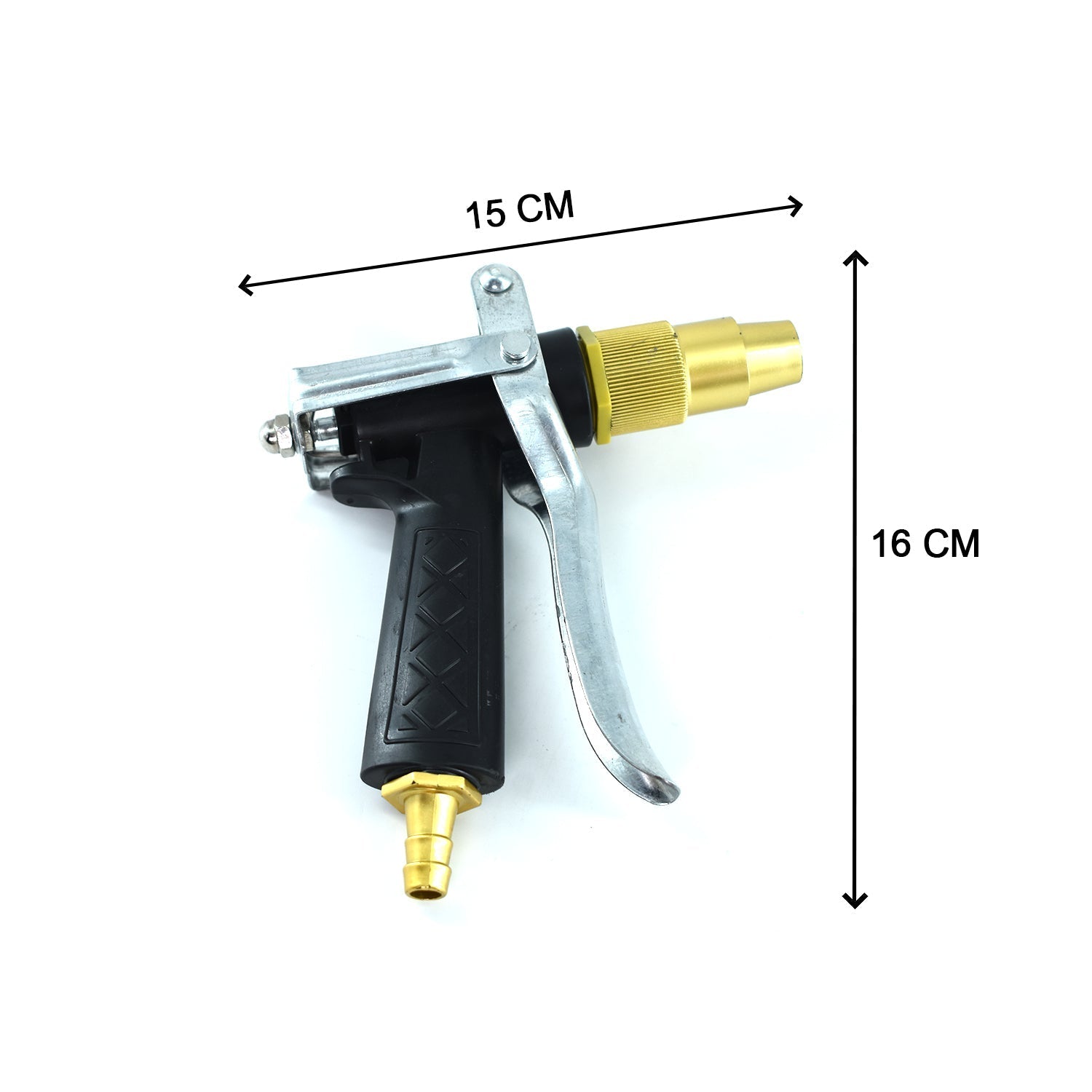 Gold hose nozzle demonstrating powerful jet spray for car washing.