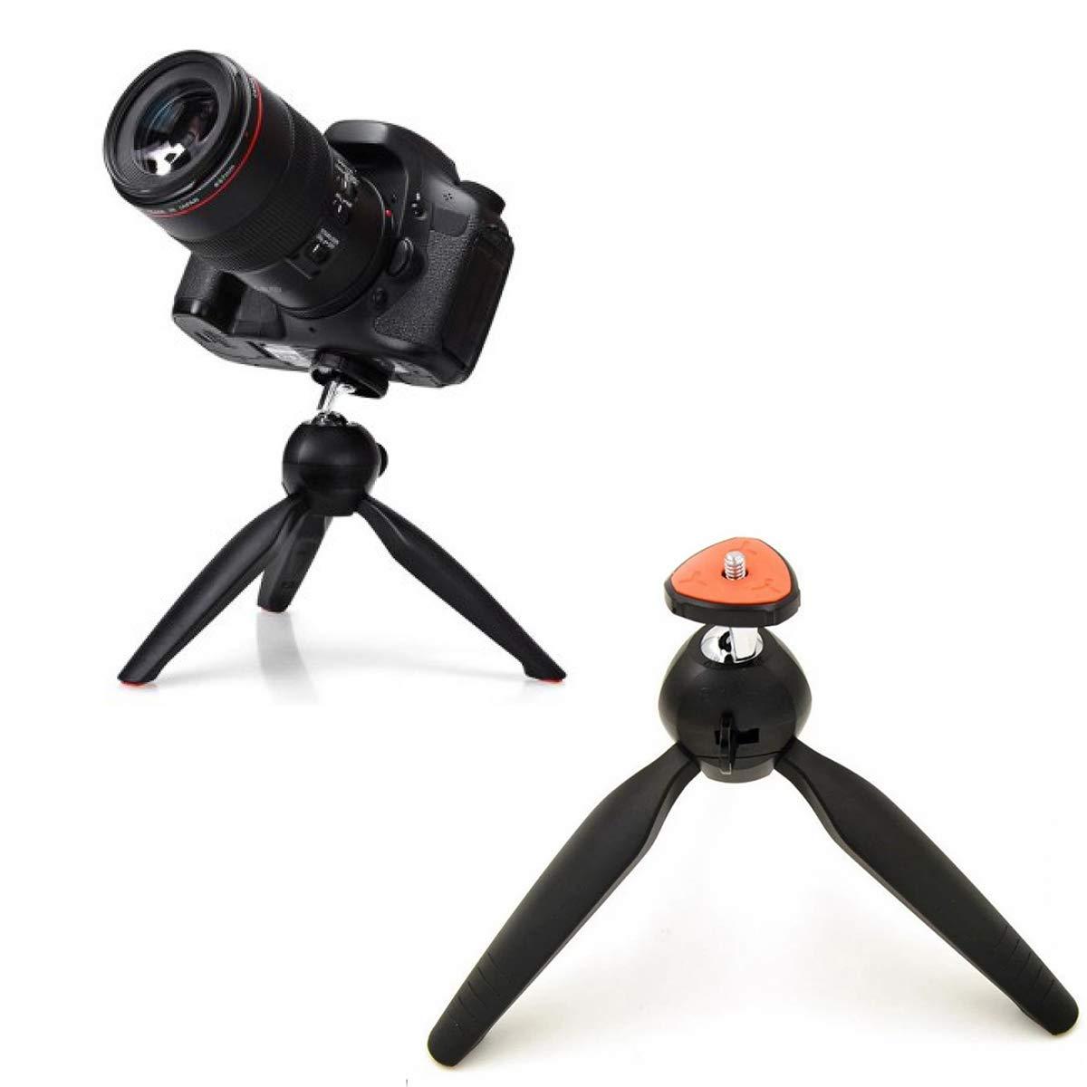 Close-up view of the adjustable ball head and push-button mechanism on the mini tripod.