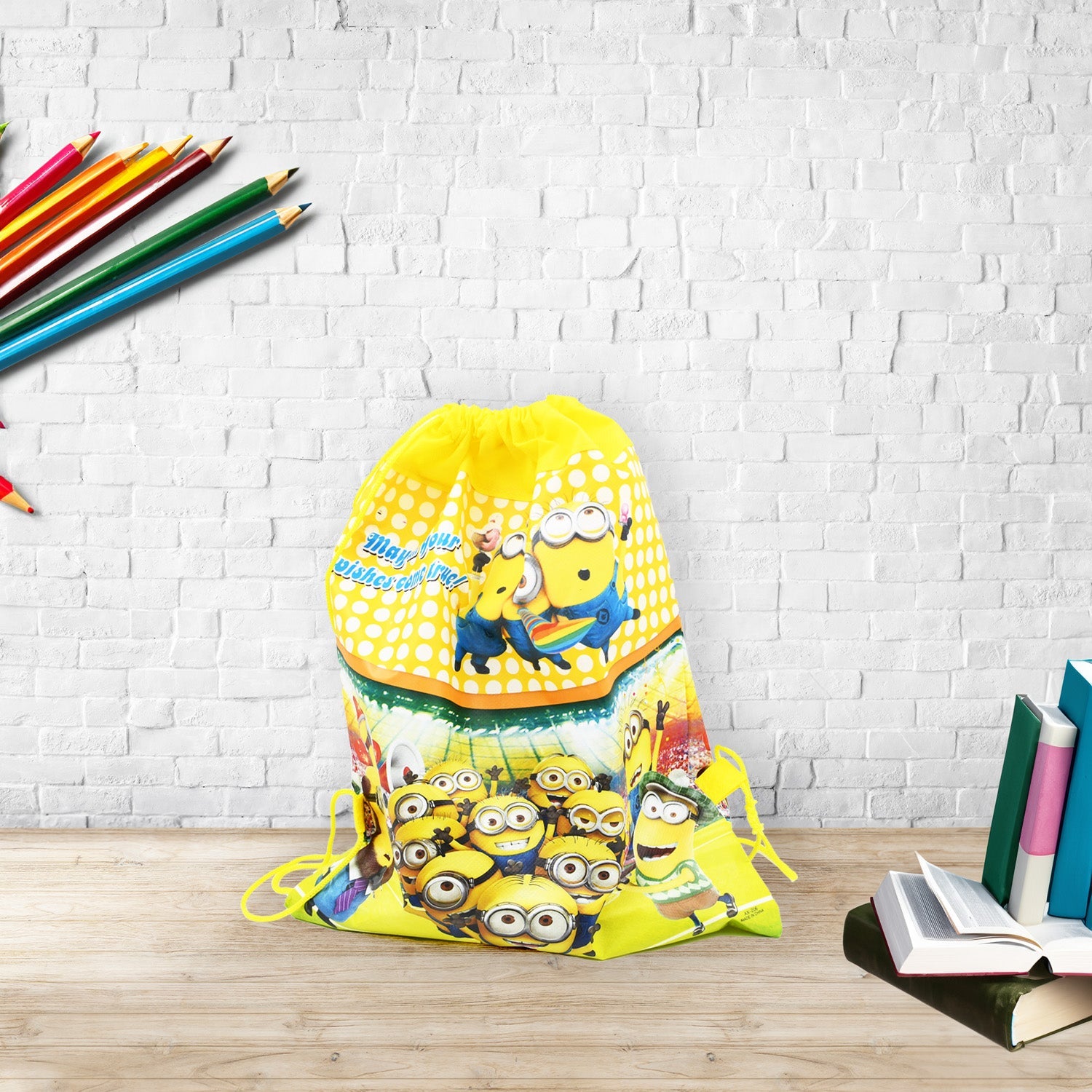 Group of children happily carrying their new Kids Drawstring Backpack at a birthday party.