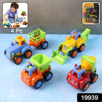 Assorted construction toys including mini trucks and loaders for kids