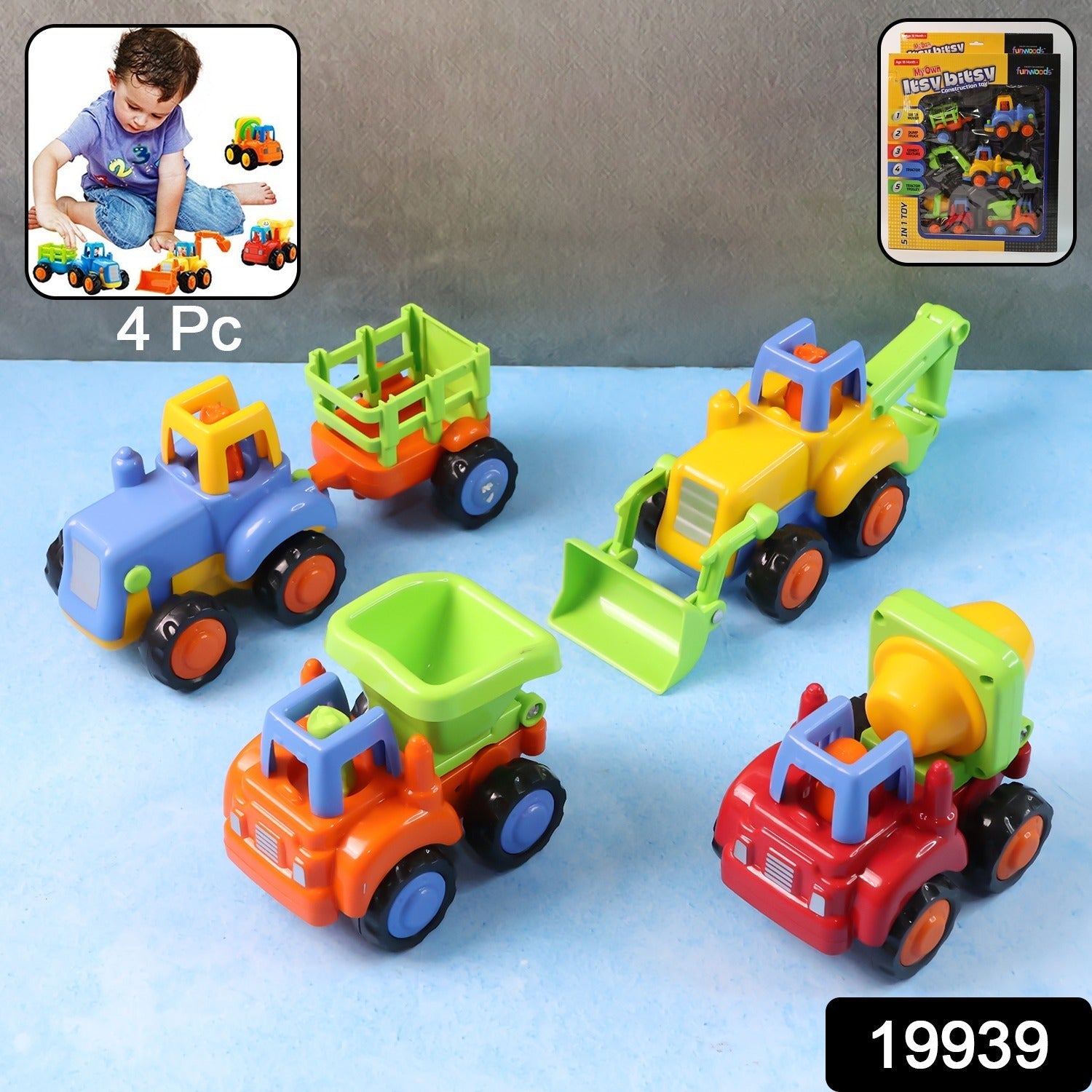 Assorted construction toys including mini trucks and loaders for kids