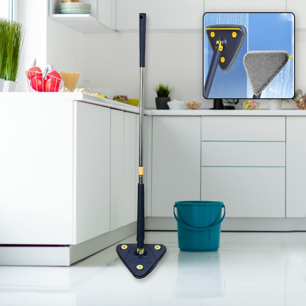 Triangle Cleaning Mop with 360° rotatable head and long stainless steel handle.