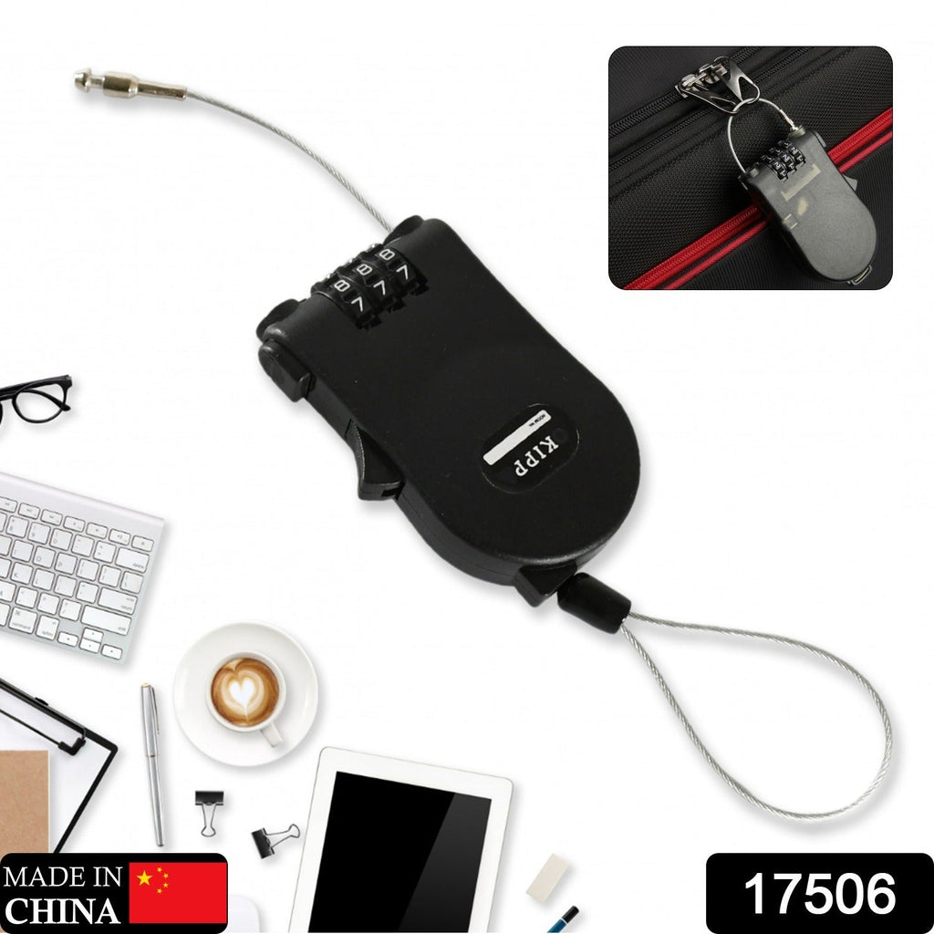 The compact retractable cable lock securing a suitcase zipper, emphasizing travel safety.