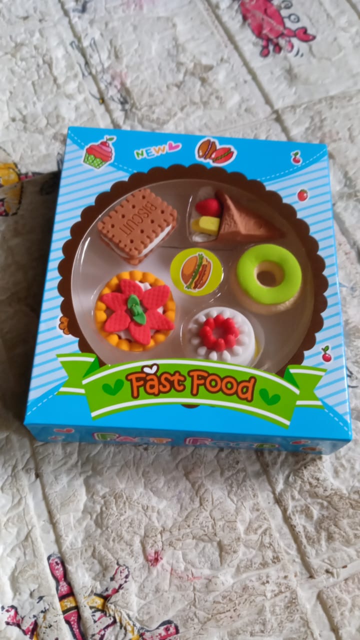 Packaging of the 5-piece 3D fast food erasers set, ready for gifting.